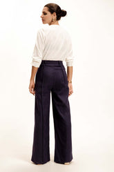 Seam Detailed Linen Pant - Navy